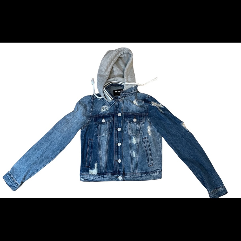 WilliamRast Junior’s Ripped Denim Jacket with grey removable hood, Medium